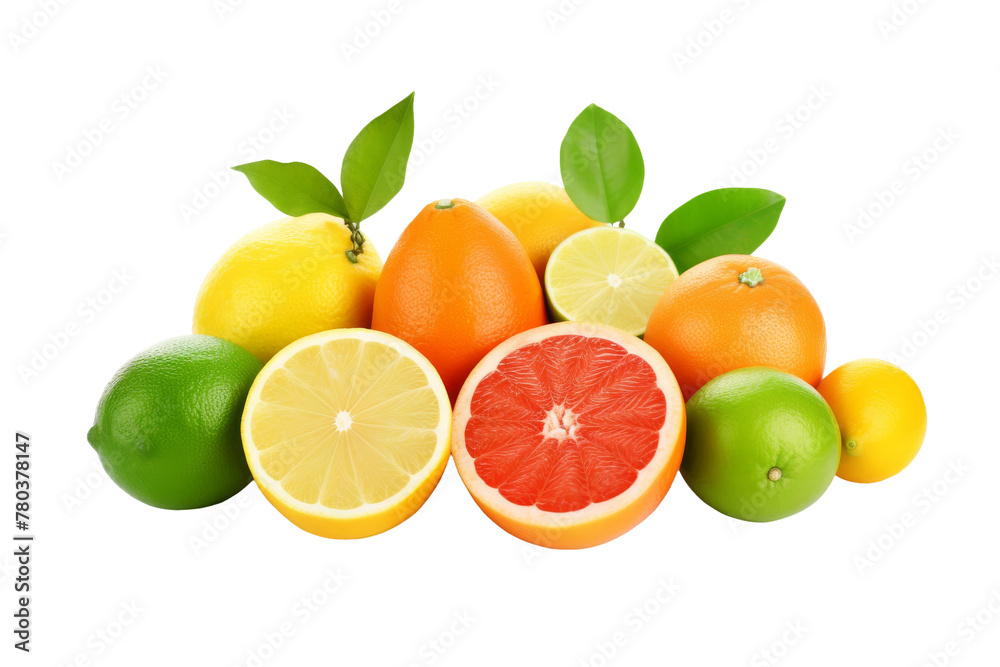 Group of Citrus Fruits With Green Leaves. On a White or Clear Surface PNG Transparent Background. Group of Citrus Fruits With Green Leaves. On a White or Clear Surface PNG Transparent Background.