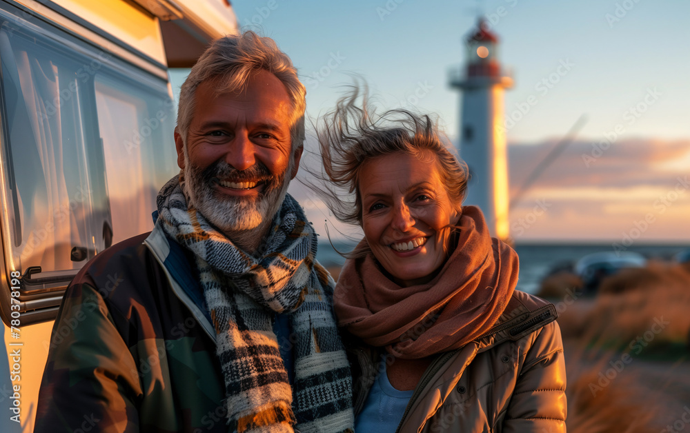 Smiling middle-aged couple on holiday beside a modern motorhome parked near the sea with a lighthouse in the background, golden hour. Concept of retired people enjoying dynamic and itinerant holidays