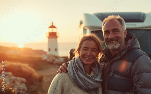 Smiling middle-aged couple on holiday beside a modern motorhome parked near the sea with a lighthouse in the background, golden hour. Concept of retired people enjoying dynamic and itinerant holidays photo