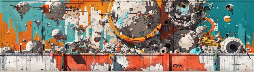 Fototapeta premium Futuristic Cityscape Graffiti with Robotic Elements 