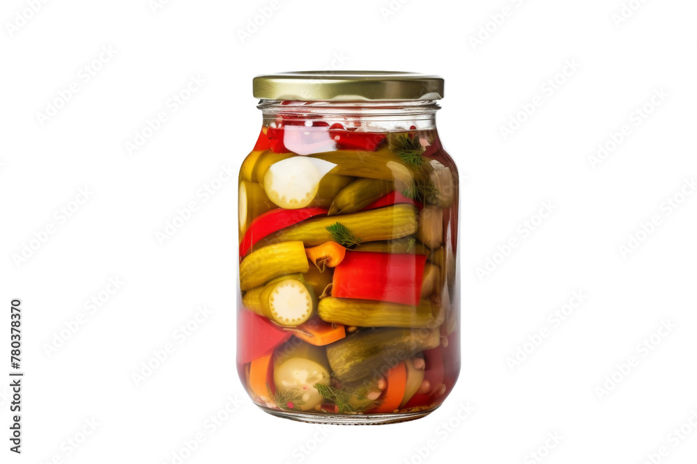 Jar Filled With Pickles and Various Vegetables. On a White or Clear Surface PNG Transparent Background. Jar Filled With Pickles and Various Vegetables. On a White or Clear Surface PNG Transparent Background.