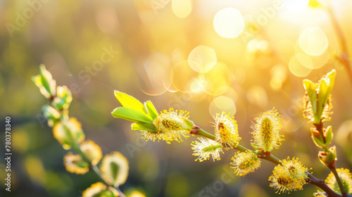 Fluffy willow branches bloom in the sunlight. Willow branches. Spring aspect. Concept of nature, growth. © Alina Tymofieieva