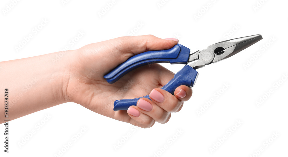 Woman with needle nose pliers on white background, closeup Woman with needle nose pliers on white background, closeup