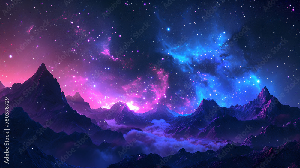 Beautiful fantasy starry night sky, blue and purple colorful, galaxy and aurora , wallpaper background