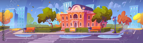School building on street in autumn city cartoon background. University or college rainy weather landscape illustration. Government public architecture and cityscape. Academic campus near crosswalk