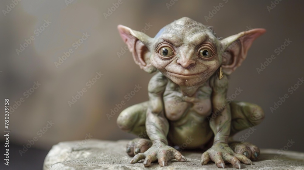 Detailed gray goblin figurine portrays a whimsical and mythical creature with textured craft art - obrazy, fototapety, plakaty 
