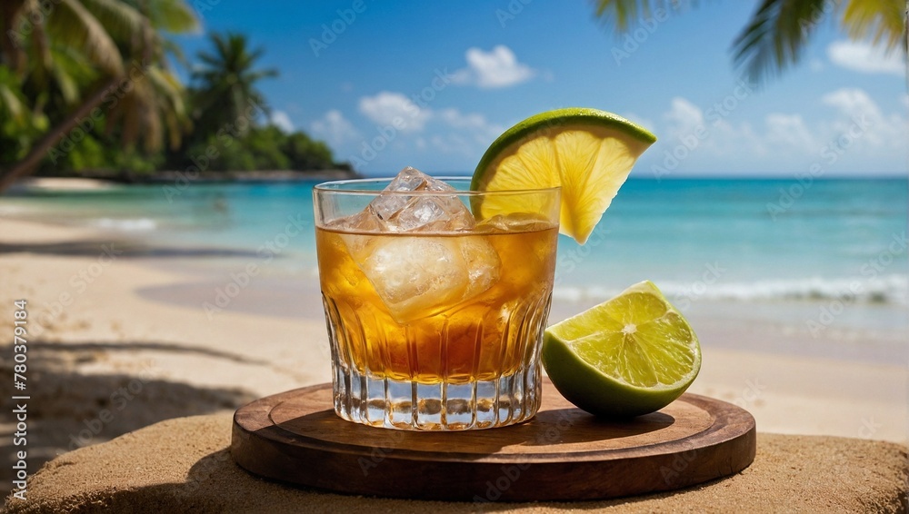Glass of whisky sour on tropical beach Glass of whisky sour on tropical beach