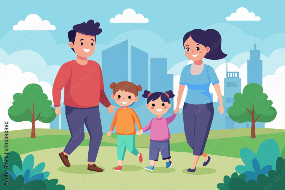 happy family walks vector illustration