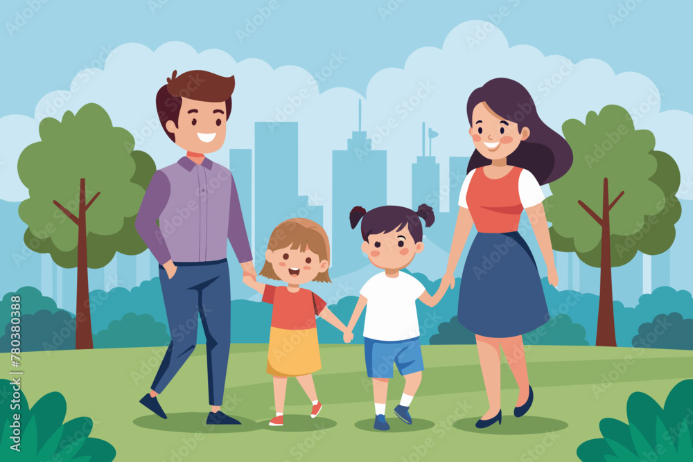 happy family walks vector illustration