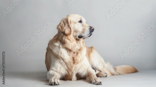Golden Retriever dog portrait shows a calm and beautiful pet sitting with attentive gaze © Superhero Woozie