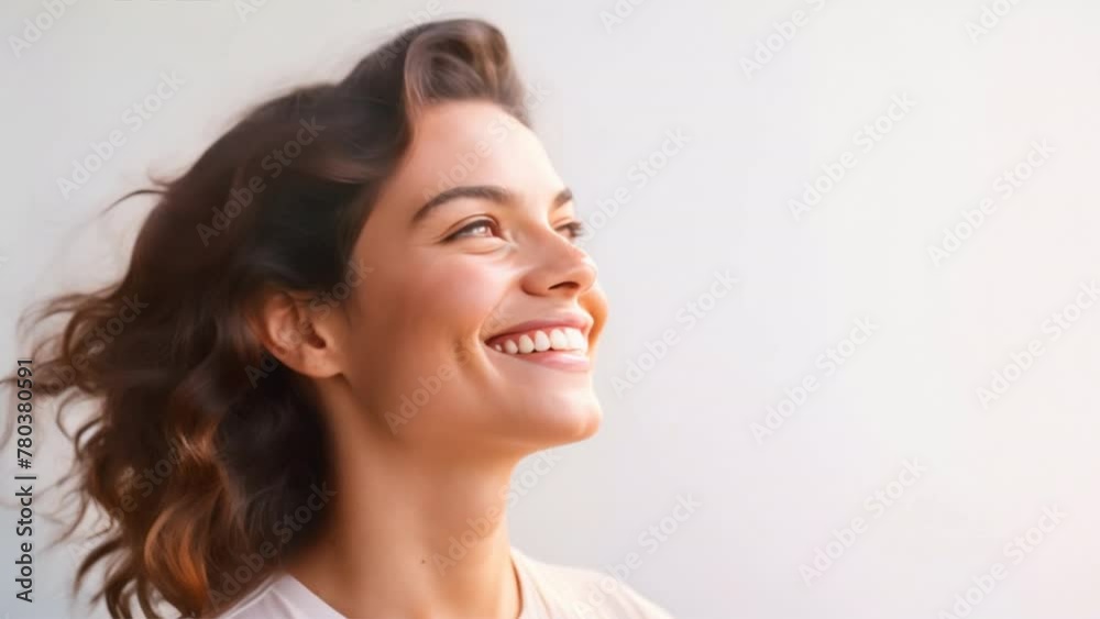 Smiling woman portrait showcasing beauty, happiness, and youth in a close-up studio shot Smiling woman portrait showcasing beauty, happiness, and youth in a close-up studio shot