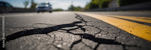 Cracked asphalt on roads after an earthquake photo
