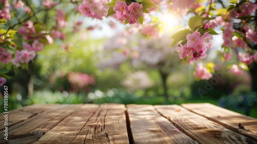 Empty top wooden table on sweet flowers in summer for for background.