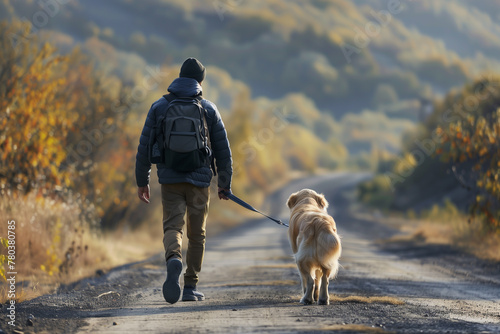 The person is walking with the dog. pet-friendly, bond between the owner and the dog.