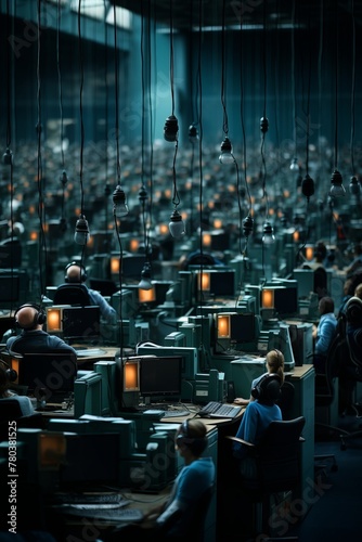The image depicts a bustling call center filled with numerous computer monitors. The room is abuzz with activity as employees work diligently amidst the constant ringing of phones