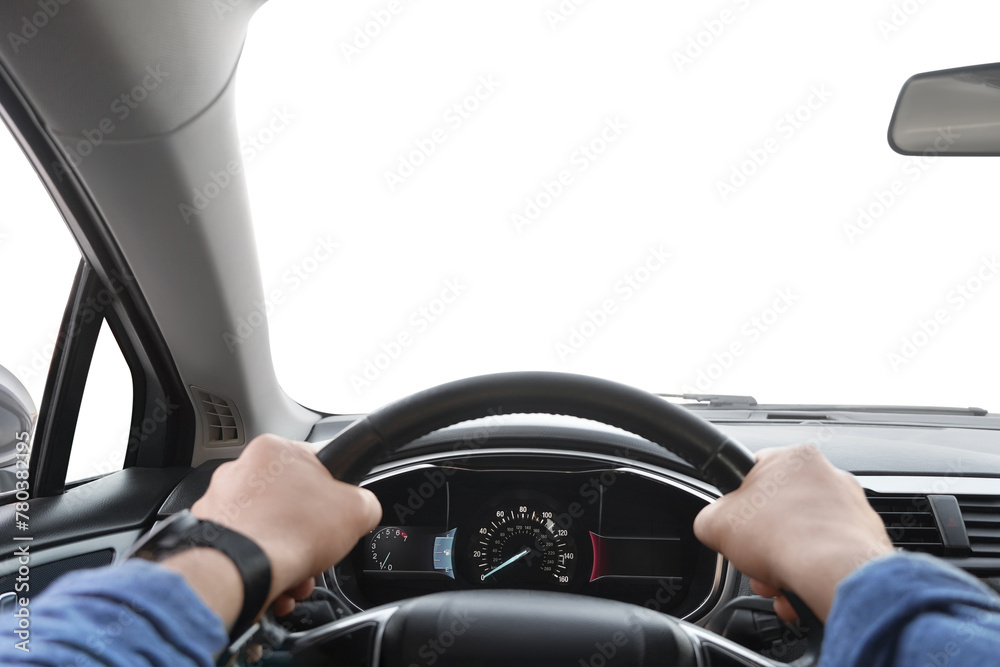 Man driving car with speedometer on dashboard, closeup Man driving car with speedometer on dashboard, closeup