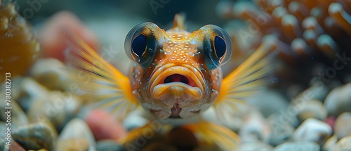 Closeup of stingfish with mouth and eyes open in aquarium with rocks. Concept Underwater Photography, Marine Life, Stingfish Portrait, Aquarium Closeup, Rock Landscapes photo