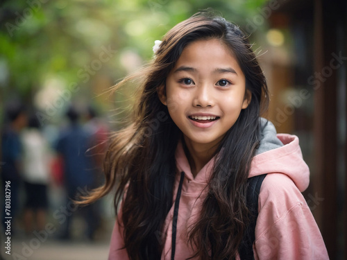 A Beautiful asia teenage girl with a surprised and happy with bokeh background