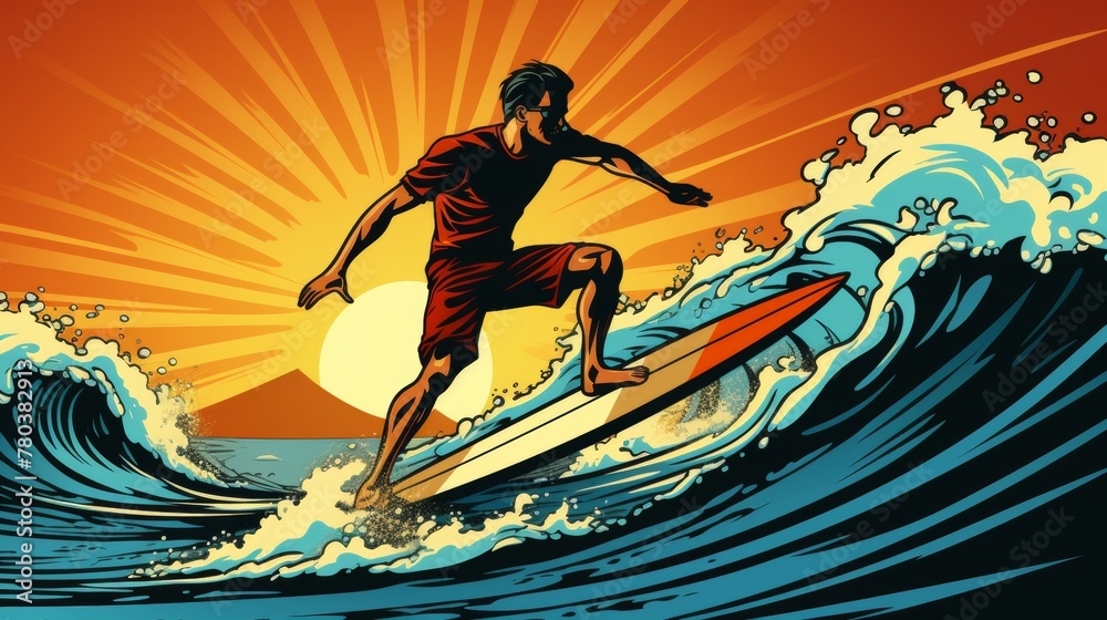 Surfer on wave with sun in retro flat design collage art ideal for vintage style lovers