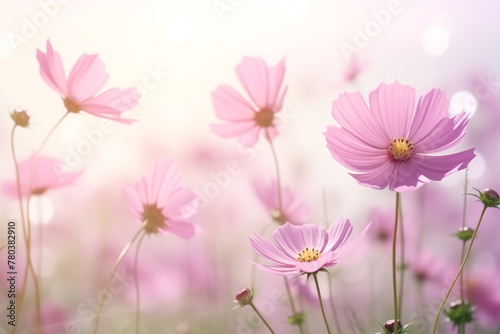 Pink cosmos blooming on fields. © Chalermpon