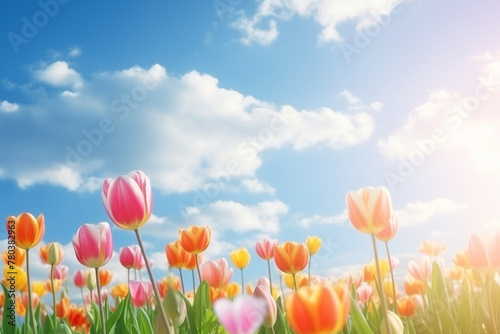 closeup tulips field on a blue sky background