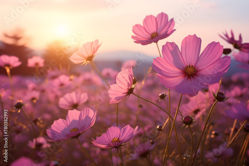 cosmos blooming on field in sunset light.