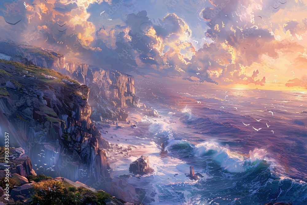 coastal landscape With rugged cliffs and crashing waves carving the coastline,