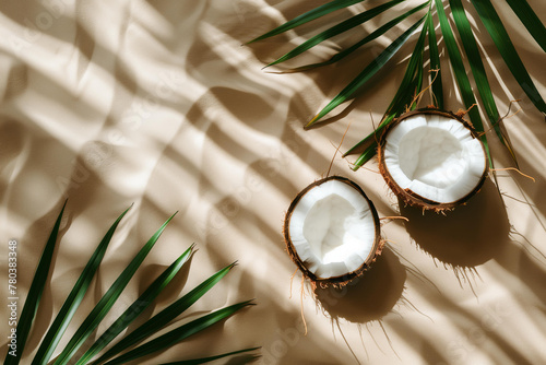  coconut, cut in half, on sand background, tropical palm leaves shadows, minimalist summer style, product photography, aerial view, closeup