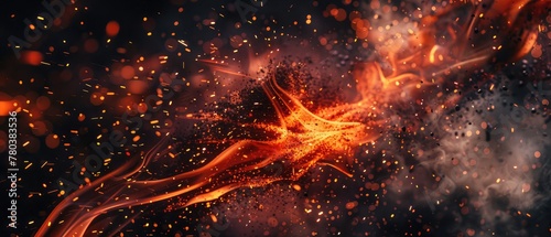 Fire flames with sparks on a black background,,Abstract dark background with orange flash of light, abstract dark lights of fiery glitter particles. 