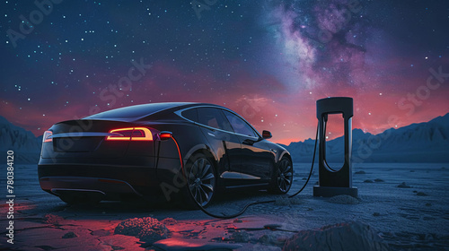 An electric car charging under the starlit sky photo