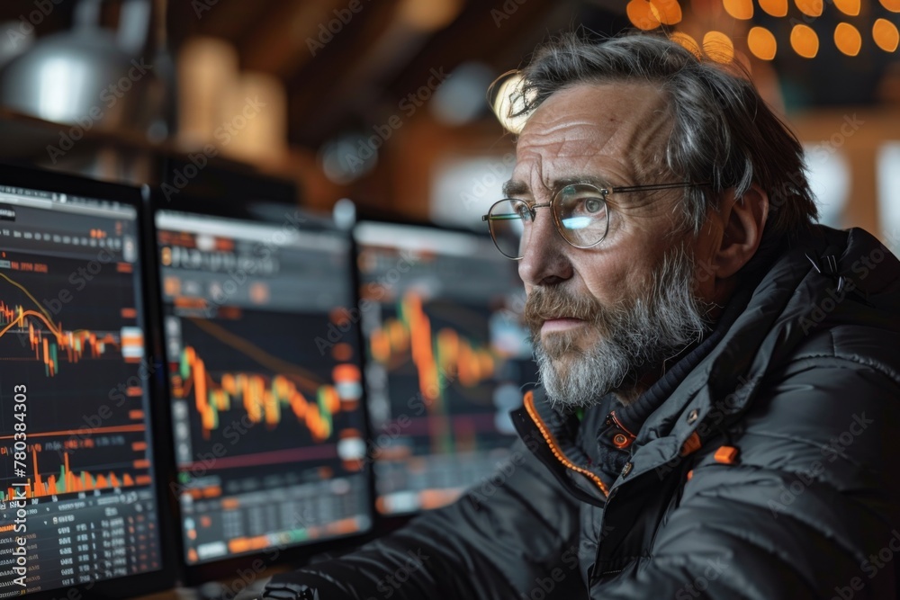 A contemplative trader gazes at market charts, the reflection of countless fluctuations and possibilities shining in his eyes. A contemplative trader gazes at market charts, the reflection of countless fluctuations and possibilities shining in his eyes.