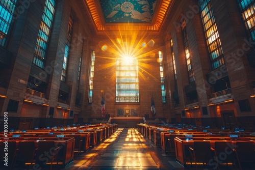 The grandeur of an assembly hall bathed in sunlight, symbolic of governance and discourse in a democratic setting. photo