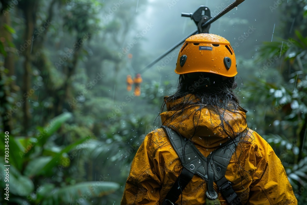 An adventurous soul in a yellow helmet, ready for a thrilling zipline experience in the rain-soaked wilderness An adventurous soul in a yellow helmet, ready for a thrilling zipline experience in the rain-soaked wilderness