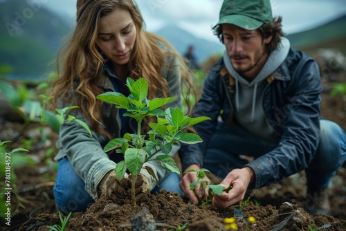 A young couple tenderly plants a tree together  symbolizing growth  partnership  and environmental stewardship.