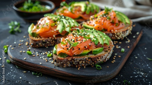 Open sandwich or toast. Grain bread with salmon, avocado and sesame seeds. Healthy snack, fat and omega 3 source