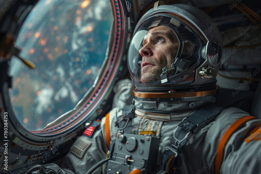 A pensive astronaut in a vintage space suit looks out of a spacecraft window, deep in thought as Earth looms in the distance.