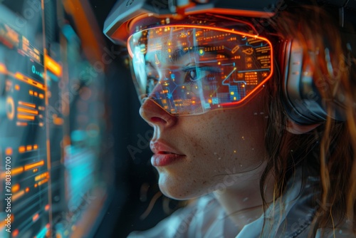 A person experiences a high-tech visualization through futuristic glasses, blending the boundaries of reality and digital worlds.
