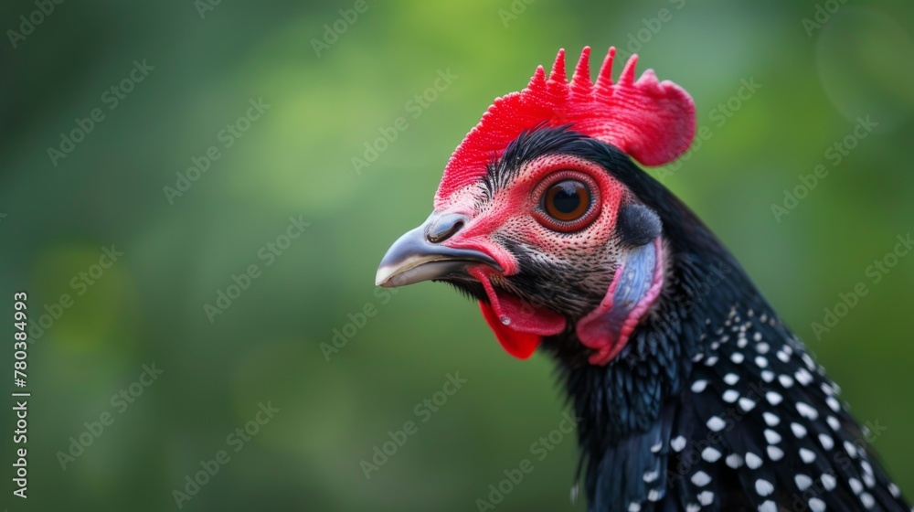 Close-up portrait of a Guinea Fowl with vibrant red crest and speckled feathers in nature