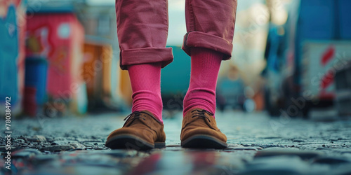 Self-expression, gender equality, equal rights, being yourself, gender stereotypes concept. Man feet shoes and business suit, wearing pink socks
 photo