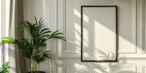 empty blank  black frame on white wall wint plant in modern living room photo