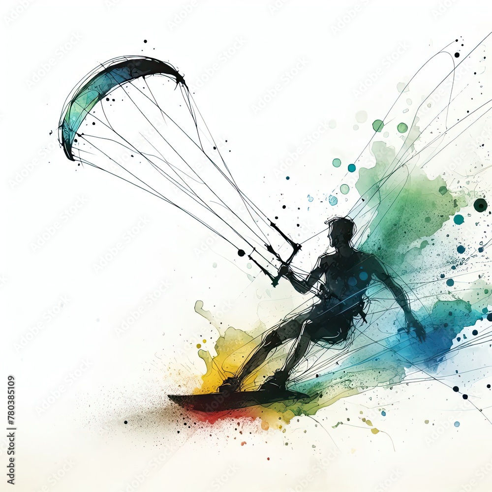 Kiteboarding in watercolor paint illustration with Generative AI.