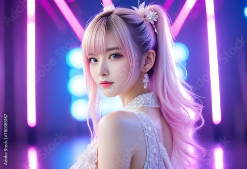 Beautiful and cute female model with shiny, stylish and colorful hair. Illuminated live stage background. 光沢のあるスタイリッシュでカラフルな髪を持つ美しくてかわいい女性モデル。ライトアップされたライブのステージ背景。