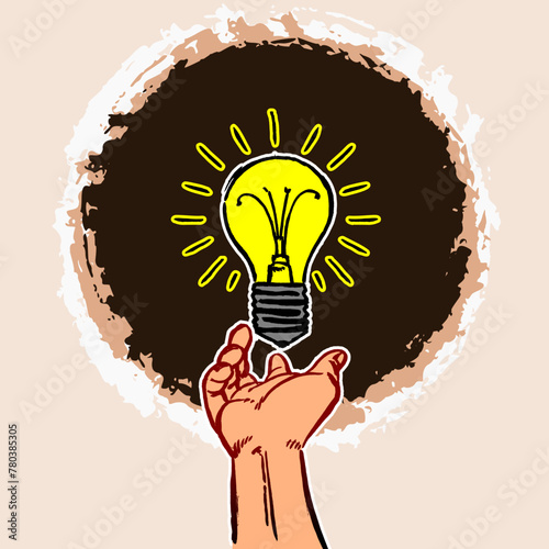 A light bulb up floating on a hand on abstract background. Illustration of inspiration concept in hand-drawn style, isolated on light color background.