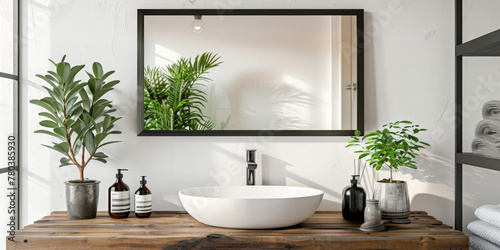 modern bathroom interior with wooden table, mirror frame and plants 