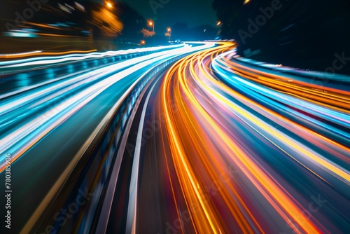 High speed light trails in motion, glow lines, internet data transfer concept