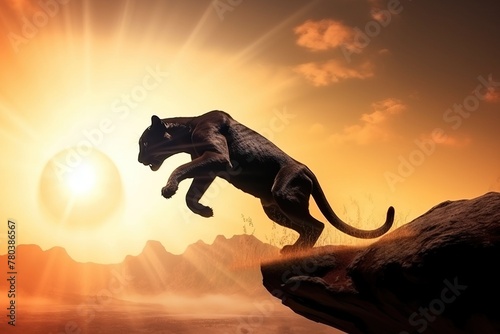 Panther on the hunt in a jump on the day of Africa against the backdrop of the rising sun. AI generated. © Serhii