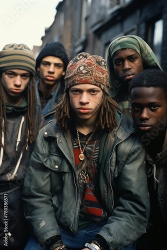 A group of young men wearing baggy clothes and bandanas sitting closely next to each other in an informal setting