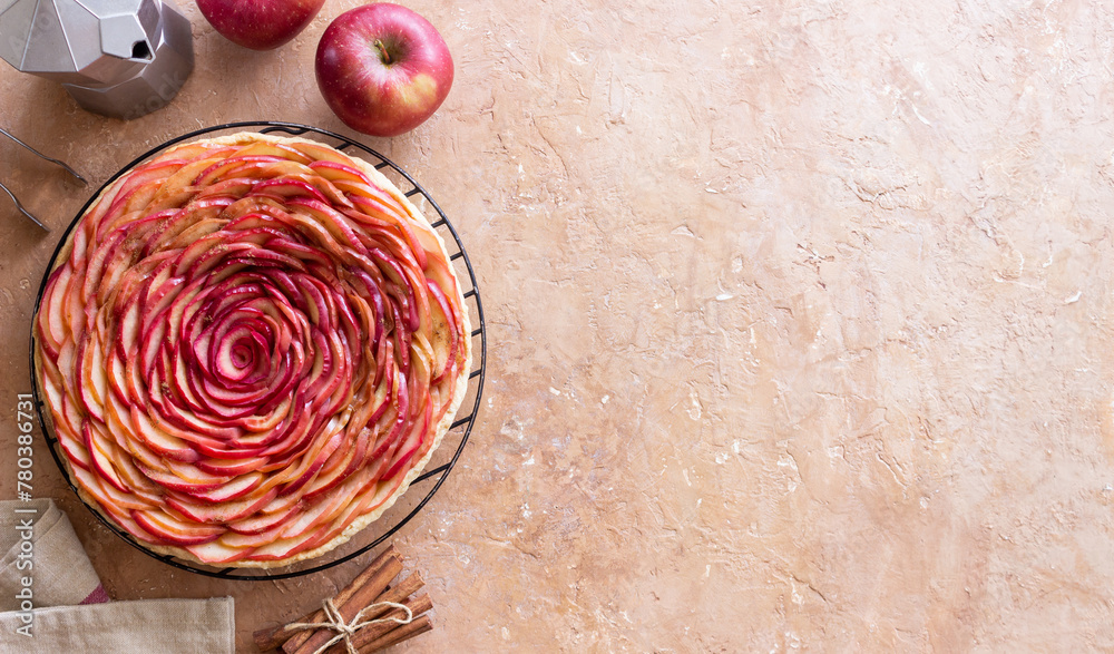 Tart or pie with apples. French cuisine. Vegetarian food. Tart or pie with apples. French cuisine. Vegetarian food.