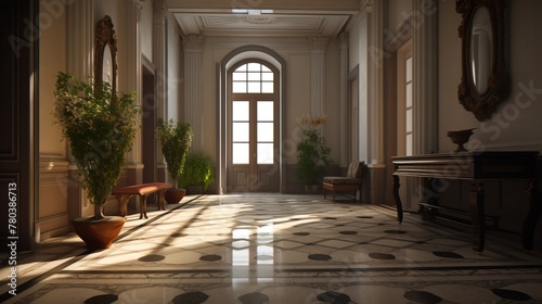 Design of a cozy living room interior in a modern classicism style. AI generated. photo
