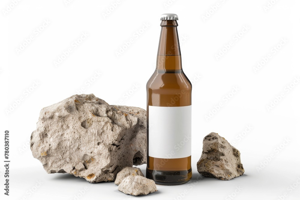 A single beer bottle with a blank label surrounded by natural rocks on a white background. Beer Bottle with Blank Label by Rocks A single beer bottle with a blank label surrounded by natural rocks on a white background. Beer Bottle with Blank Label by Rocks
